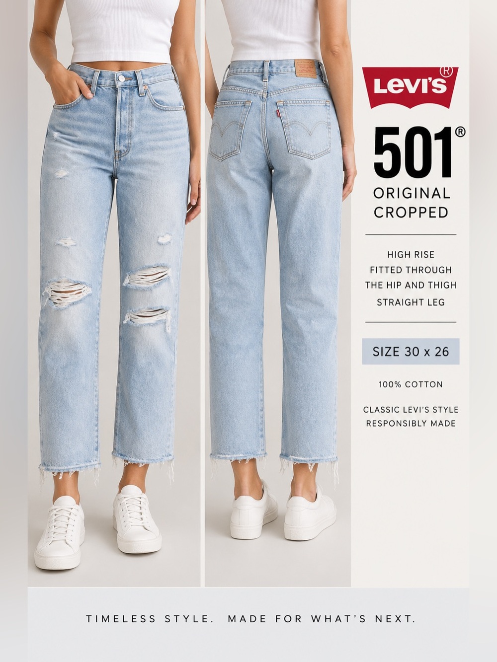 NWT Levi’s 501 Original Cropped Jeans 30x26 Distressed High Rise